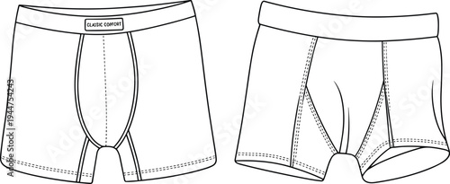 Men's boxer briefs, front and back view, fashion underwear mockup, comfortable fabric, ergonomic stitching, breathable design, stylish garment template