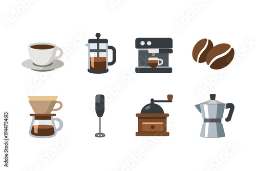 Collection of coffee making equipment and beans, flat design icons