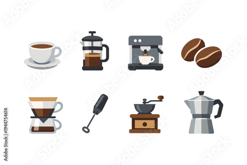 Collection of coffee making equipment and beans, illustrated in a flat design style
