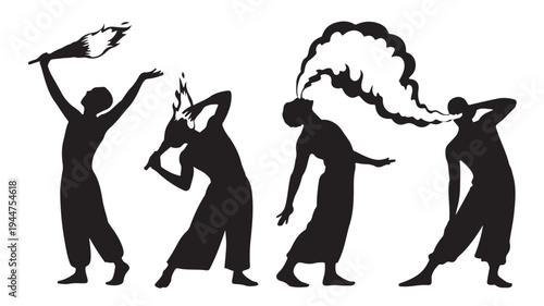 Vector Illustration Of Silhouetted People Experiencing Emotions Through Fire And Smoke For Dramatic Concept