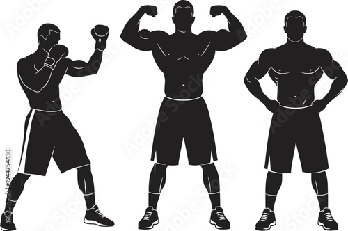 Set of athletic male silhouettes in various powerful poses including boxing bodybuilding and muscle flexing isolated on white background for fitness and strength concepts.