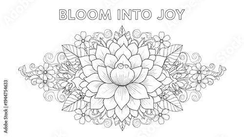 A serene adult coloring page featuring a beautiful floral design with a lotus flower, leaves, and swirling patterns, perfect for relaxation and creative expression.