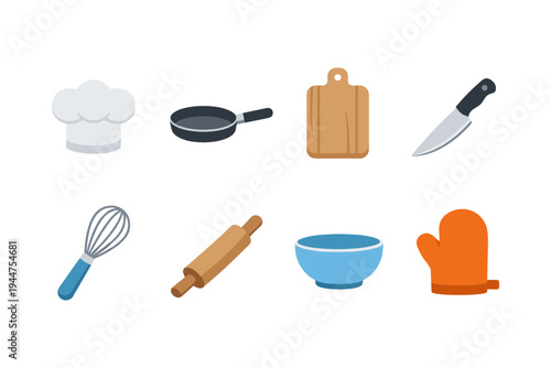 Collection of kitchen utensils and cooking tools on a white background
