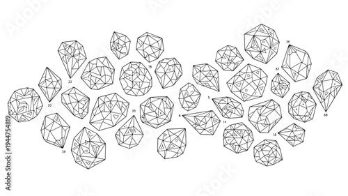 A black and white illustration of various diamond shapes and sizes, ideal for adult coloring books or gemstone enthusiasts, featuring intricate line art on a clean white background.