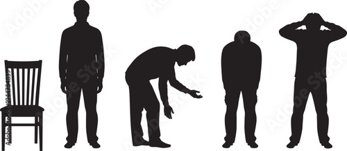 Set of black silhouettes showing a man in various poses including standing bending over and frustrated with hands on head isolated on white background.