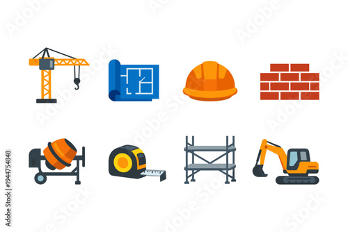 Construction industry icons including crane, blueprint, hard hat, bricks, mixer, tape measure, scaffold, and excavator