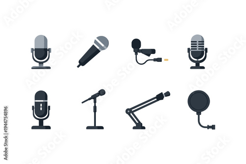 Collection of diverse microphone icons for audio recording and broadcasting needs