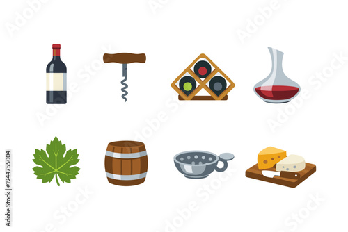 Collection of wine-related icons including bottle, corkscrew, rack, decanter, grape leaf, barrel, strainer, and cheese