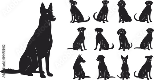 Set of black silhouettes showing an adult German Shepherd sitting next to several smaller puppies in various poses isolated on white background for pet concepts.