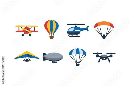 Collection of diverse aviation vehicles and flying objects in a flat icon style