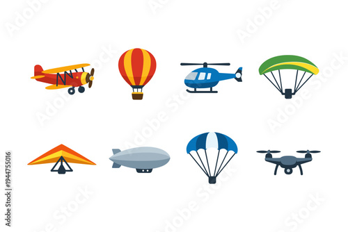 Collection of diverse aircraft and aerial vehicles in a flat design style