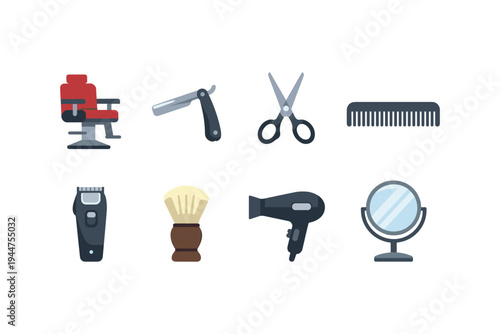 Collection of barber shop tools and equipment arranged in a grid on a white background