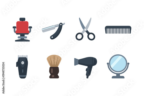 Collection of barber shop tools and equipment, flat design icons