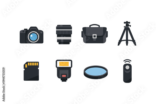 Collection of flat design icons representing photography equipment and accessories
