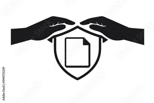 Vector icon of hands protecting document shield