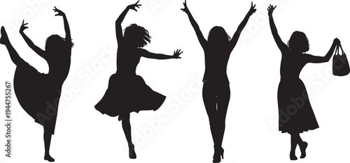 Set of black silhouettes showing joyful women dancing and celebrating with arms raised in different poses isolated on white background for happiness and success concepts.