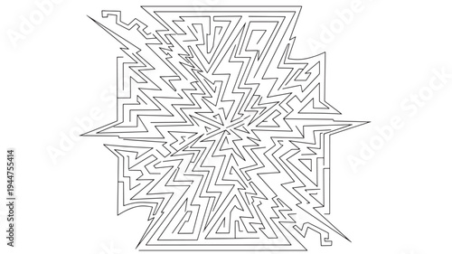 A detailed black and white geometric maze design on a white background, ideal for adult coloring books, promoting relaxation and creativity with its intricate patterns.