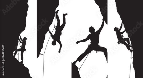 Set of black silhouettes showing professional rock climbers ascending steep cliffs and hanging from ropes isolated on white background for extreme sports and adventure.