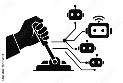 Vector illustration of hand controlling robots