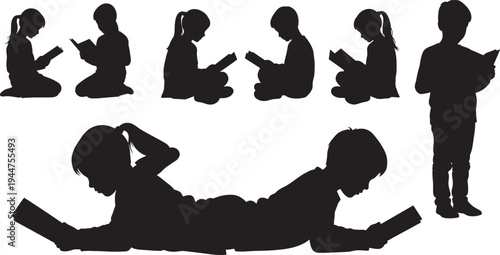 Set of black silhouettes showing young children reading books in various positions including sitting standing and lying down isolated on white background for education concepts.