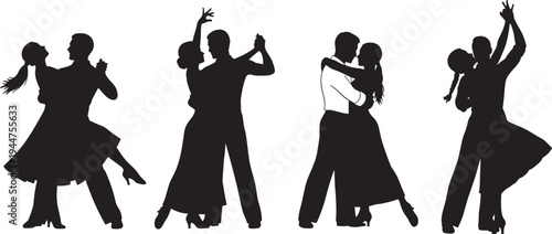 Set of elegant ballroom dancing couple silhouettes in graceful poses including tango waltz and latin dance styles isolated on white background for performing arts.