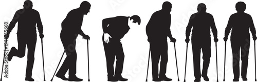 Set of elderly senior citizen silhouettes in various poses using walking sticks and canes for aging healthcare physical therapy and geriatric mobility concepts.