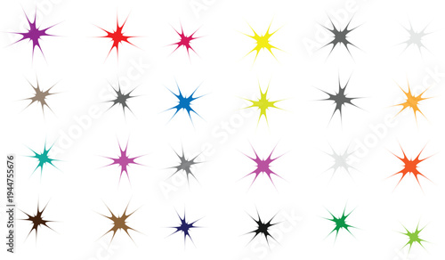 Collection of vibrant colorful starburst splatter effects in various hues