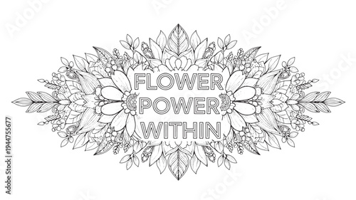 A black and white adult coloring page featuring a floral design with the phrase 'Flower Power Within', perfect for relaxation and creative expression.