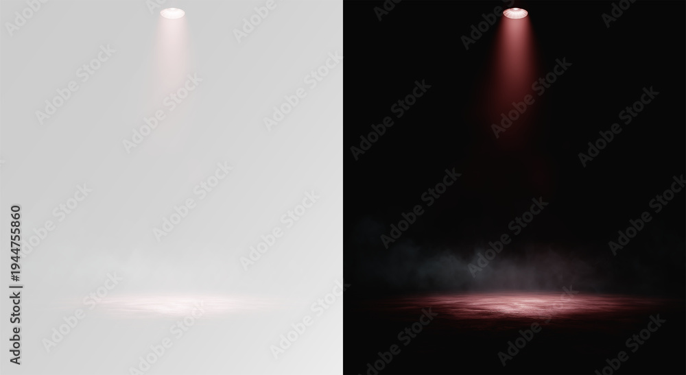 Obraz premium Realistic red spotlight with lamp source and smoke fog effect isolated, overlay spotlight with red gas png