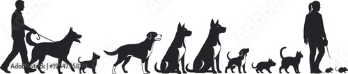 Large set of black silhouettes showing a man and woman walking various pets including dogs cats and small rodents isolated on white background for veterinary.
