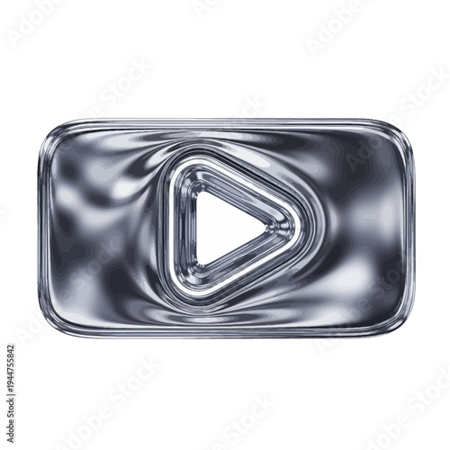 Sleek 3D chrome metallic play button icon for modern media players and video streaming interfaces, symbolizing start and forward functionality
