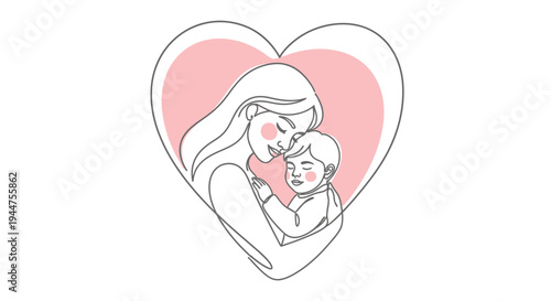 Mother Child Hug Continuous Line in Heart Frame