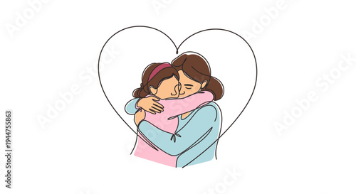 Continuous Line Mother Child Hug Inside Heart