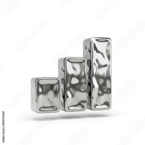 Three 3D chrome liquid metal bars showing a rising graph on a white background, representing financial growth and success