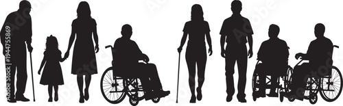 Large diverse set of black silhouettes showing people with disabilities in wheelchairs and using walking canes with families isolated on white background for inclusion.