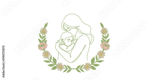 Continuous Line Mother Child Hug with Flower Wreath