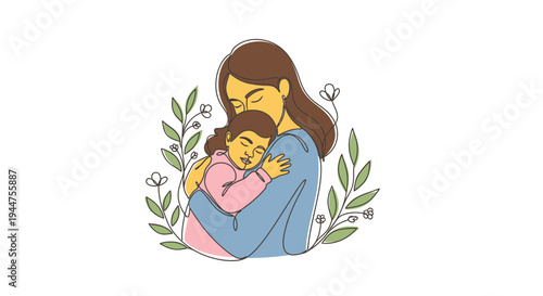 Minimal Floral Continuous Line Mother Child Hug