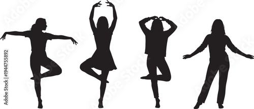 Set of elegant female silhouettes in various graceful dance and gymnastics poses including ballet positions and artistic movements isolated on white background for sports.