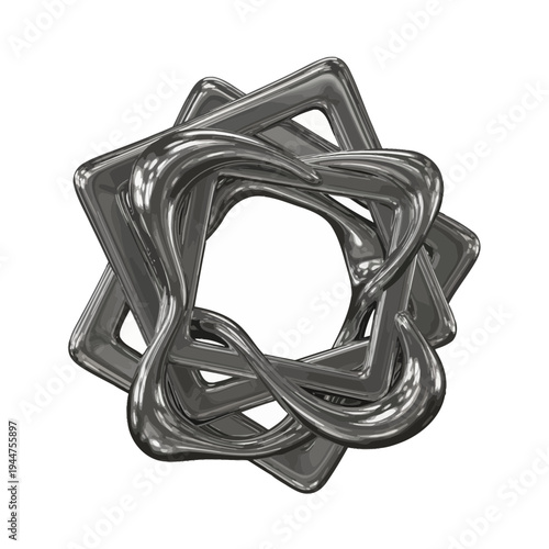 Visually striking 3D chrome metallic sculpture with dynamic, intertwined geometric elements and a smooth, reflective surface, perfect for abstract design projects