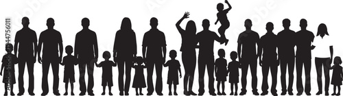 Large diverse collection of community member silhouettes including parents children and toddlers standing and holding hands together isolated on white background for social unity.