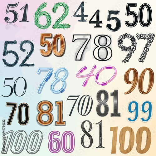 A vibrant collection of digital numbers from 50 to 100, presented in diverse artistic styles and textures