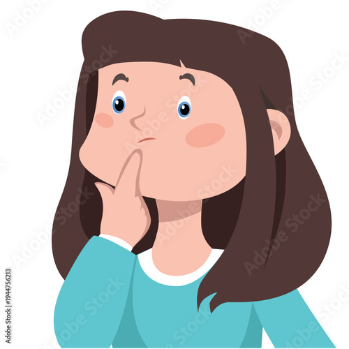 Thoughtful young girl looking up and thinking, portrait of a pensive child making a decision.