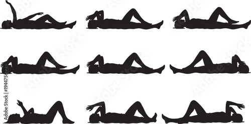 Set of female silhouettes in various lying down exercise poses and abdominal crunches isolated on white background for fitness health and wellness training concepts.
