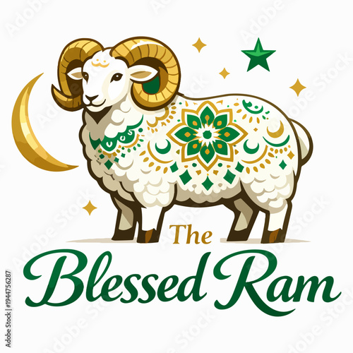 Ornamental blessed ram illustration with crescent moon and decorative patterns, symbolizing sacrifice, faith, celebration, Eid tradition, spirituality, and cultural heritage of Islam