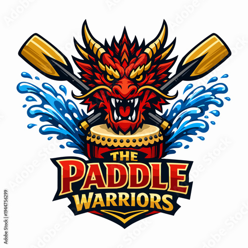Bold paddle warriors illustration with fierce dragon head and splashing oars, symbolizing strength, teamwork, determination, victory, water sport, and competitive spirit