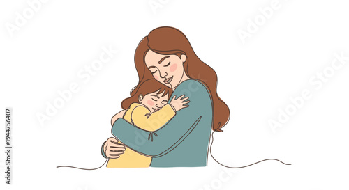 Continuous Line Mother Hugging Child Warm Embrace Illustration