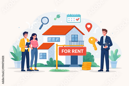 Real Estate Rental Agency Concept with Agent Handing Over Key to Young Couple in Front of a House with For Rent Sign, Property Management, Leasing and House Hunting Flat Vector Illustration.