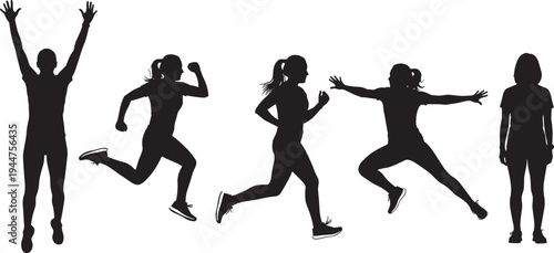 Large collection of female athlete silhouettes in various dynamic motion poses including running jumping and celebrating isolated on white background for sports and fitness concepts.