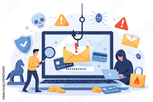 Phishing Scam and Cyber Security Concept Vector Illustration with Hacker Attacking Laptop to Steal Personal Data, Credit Cards, and Passwords via Fraudulent Emails, Malware, and Trojan Horse.