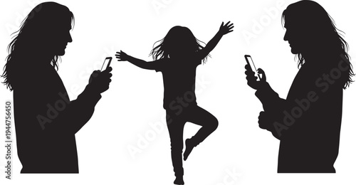 Set of silhouettes showing parents using smartphones while a young child dances and plays alone isolated on white background for technology and family concepts.